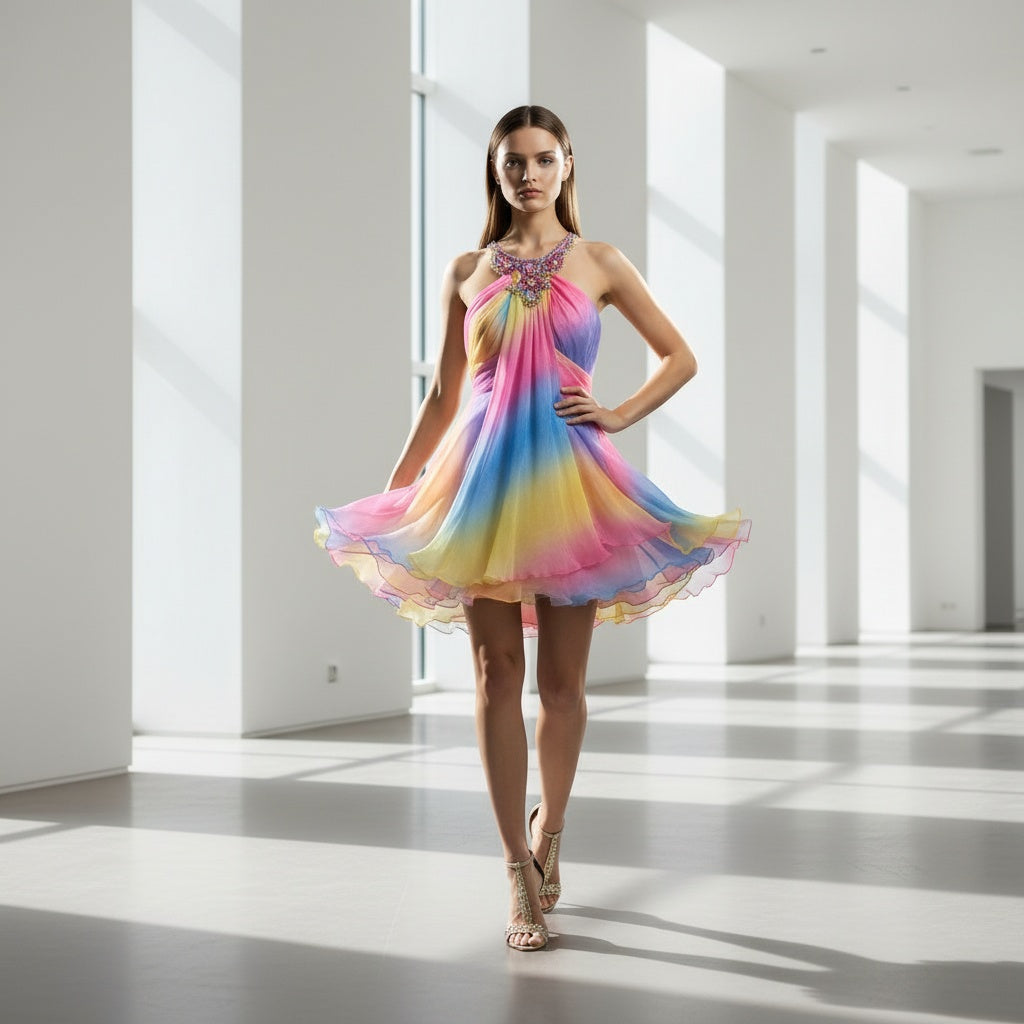 Vibrant Multi-Color Chiffon Dress: A Kaleidoscope of Bold Style