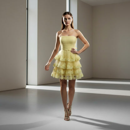 Yellow Ruffled Strapless Dress with Lace Trim for Summer Events