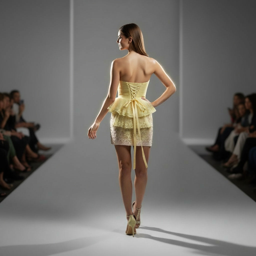 Yellow Ruffled Strapless Dress with Lace Trim for Summer Events
