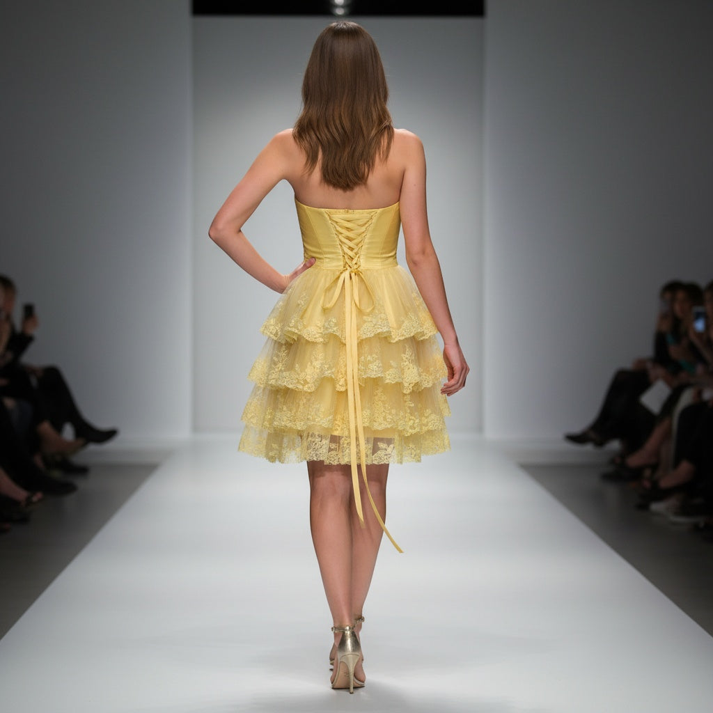 Yellow Ruffled Strapless Dress with Lace Trim for Summer Events
