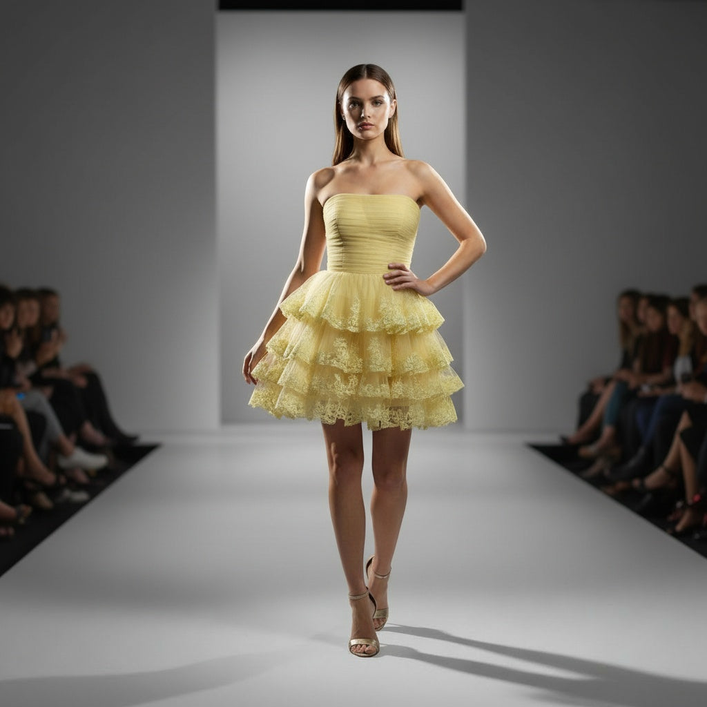 Yellow Ruffled Strapless Dress with Lace Trim for Summer Events