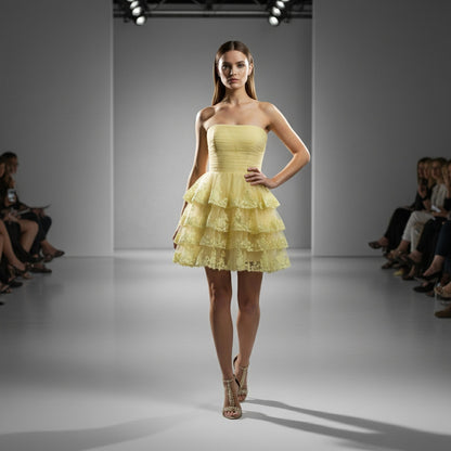Yellow Ruffled Strapless Dress with Lace Trim for Summer Events