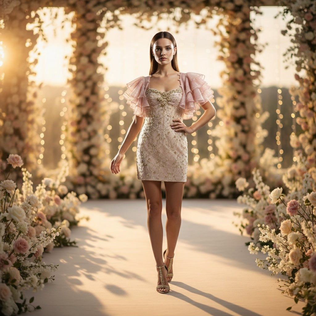Whimsical Flutter Glamour Gown - Shine in Blush Pink!