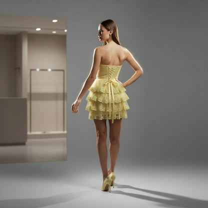 Yellow Ruffled Strapless Dress with Lace Trim for Summer Events