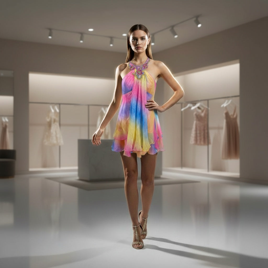 Vibrant Multi-Color Chiffon Dress: A Kaleidoscope of Bold Style