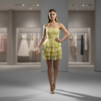 Yellow Ruffled Strapless Dress with Lace Trim for Summer Events