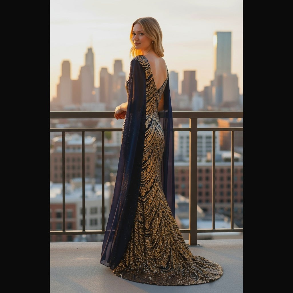 Glamorous and Gold Embroidered Long Sleeve Dress