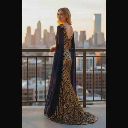Glamorous and Gold Embroidered Long Sleeve Dress