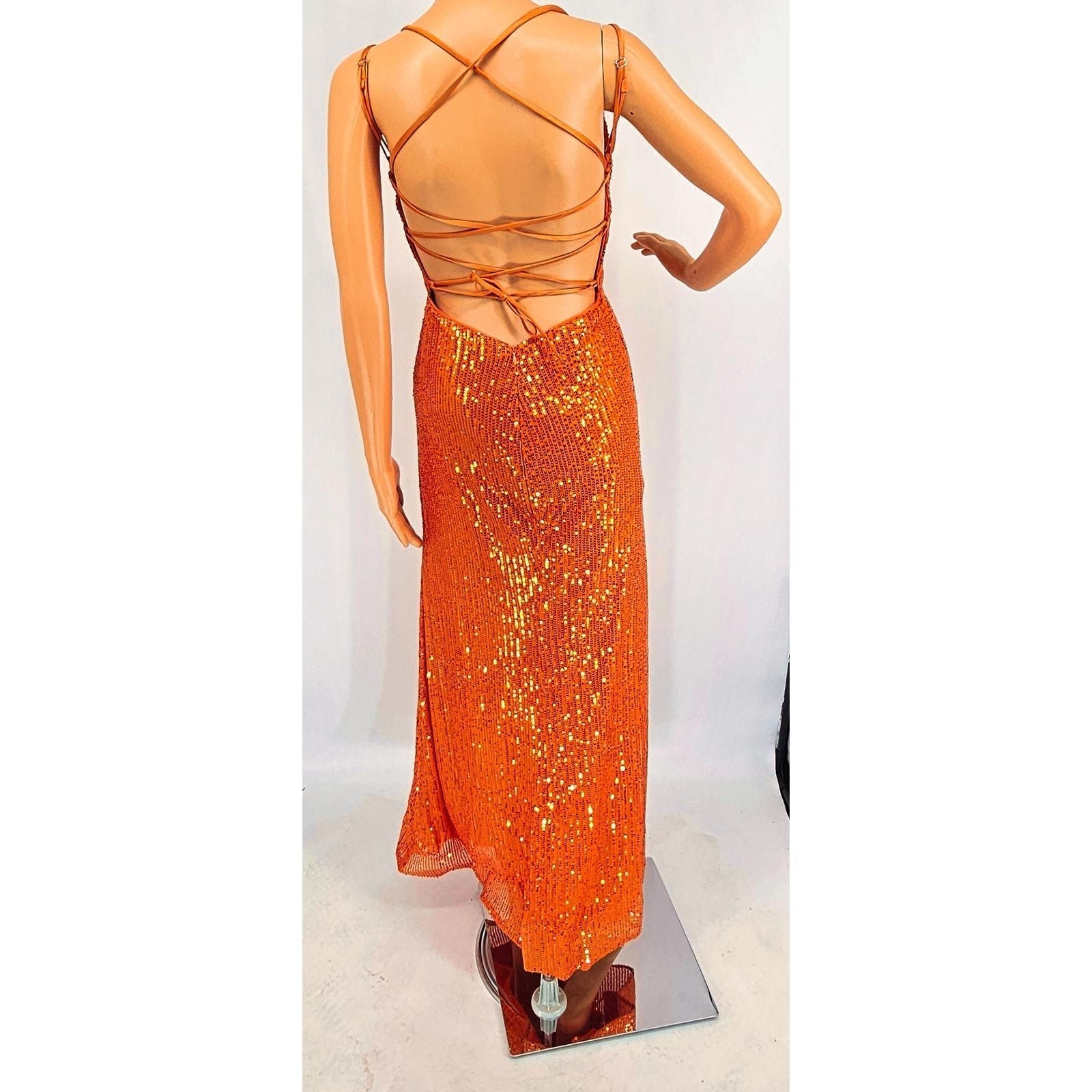 FaeryStyle Dazzling Orange Sequin Evening Dress with Backless Strappy Design/4