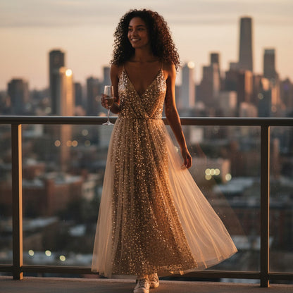 Sparkling Gold Sequin Maxi Dress with Tulle Overlay