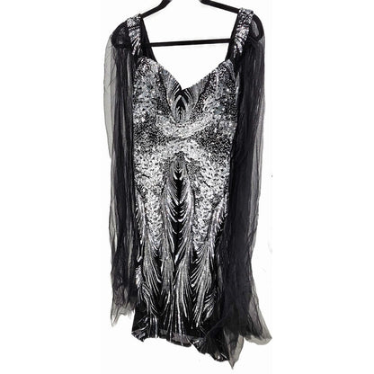Sequined Evening Dress with Dramatic Sheer Sleeves