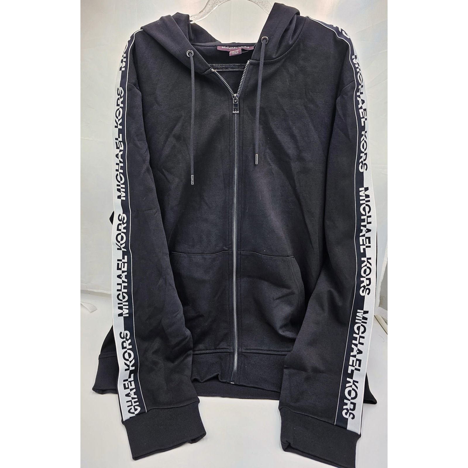 Michael Kors Black Zip-Up Hoodie with Logo Tape Sleeves/XL