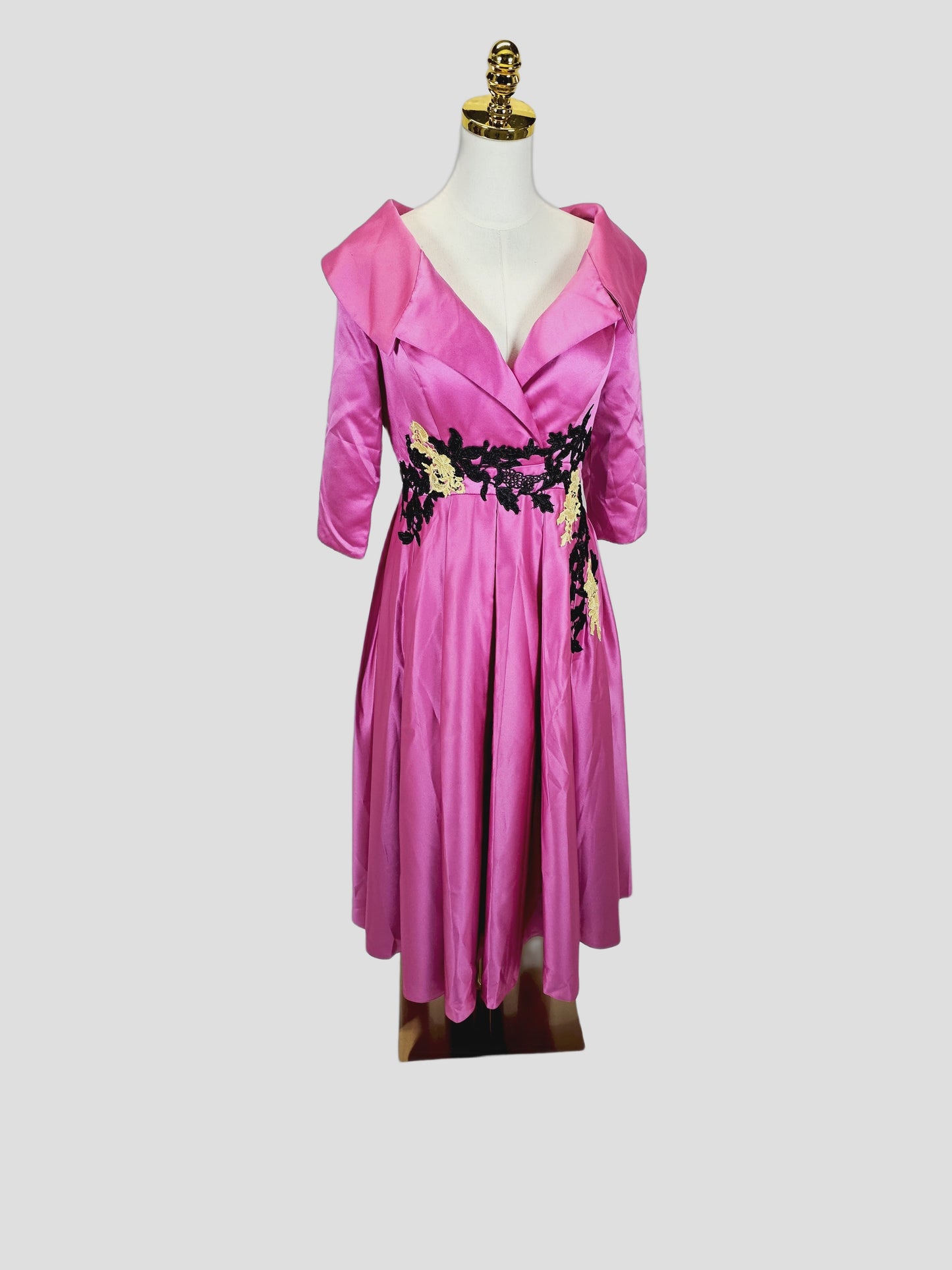 Chic Fuchsia Satin Midi Dress with Statement Collar