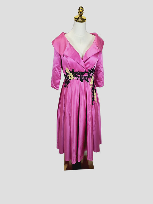 Chic Fuchsia Satin Midi Dress with Statement Collar
