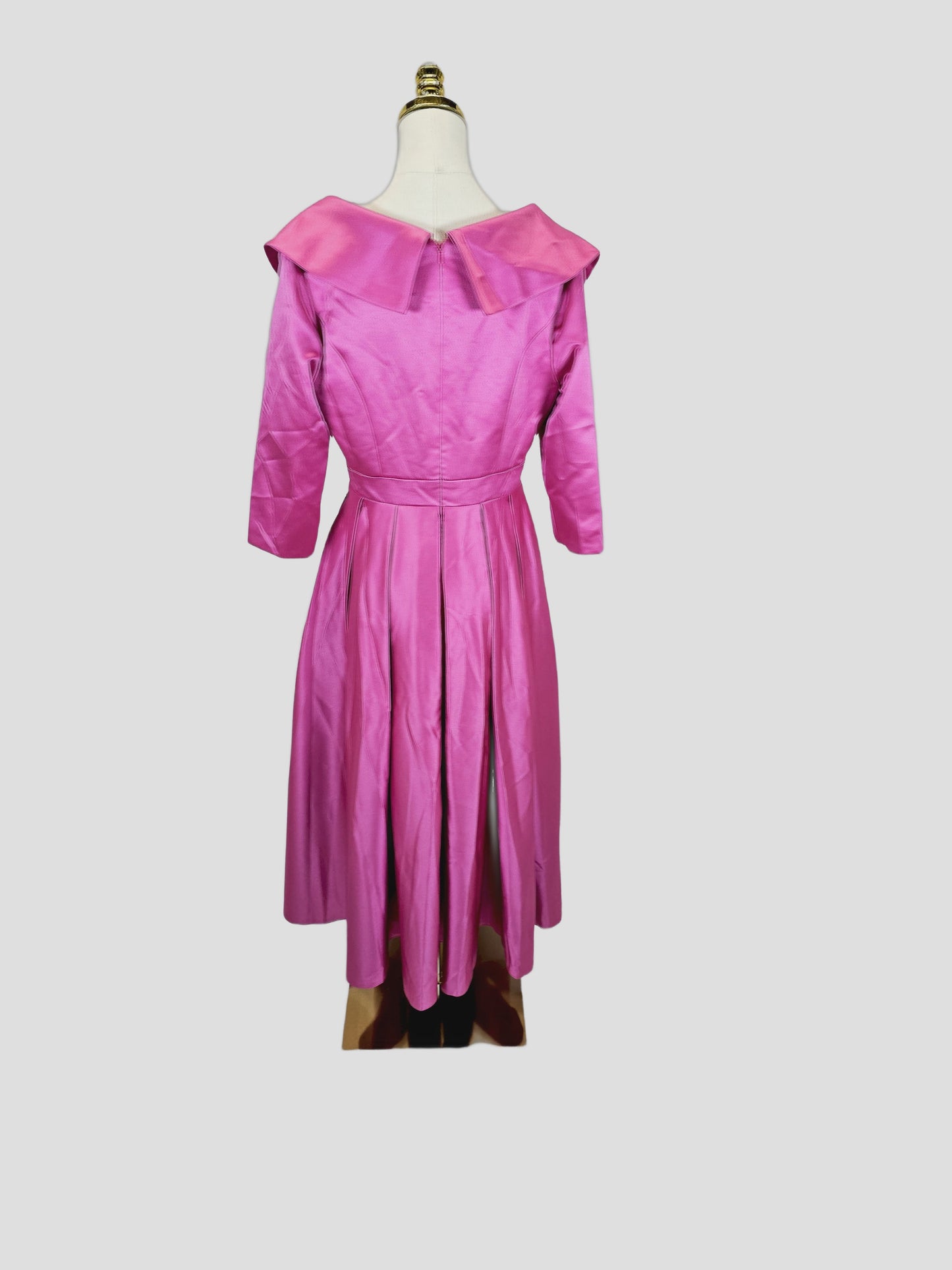 Chic Fuchsia Satin Midi Dress with Statement Collar