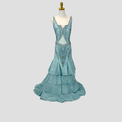 Show-Stopping Azure Embellished Backless Evening Gown