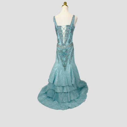 Show-Stopping Azure Embellished Backless Evening Gown