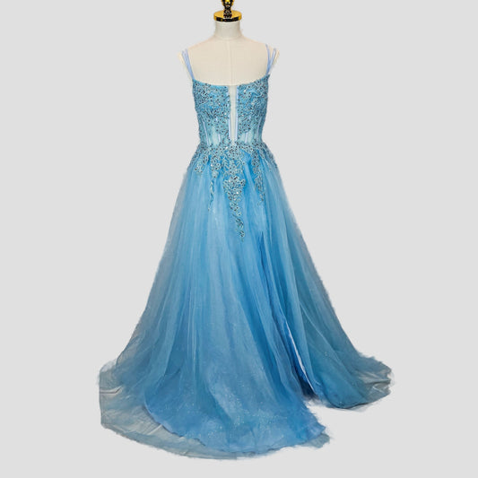 Mesmerizing Sky Blue Tulle Gown with Dazzling Embroidery