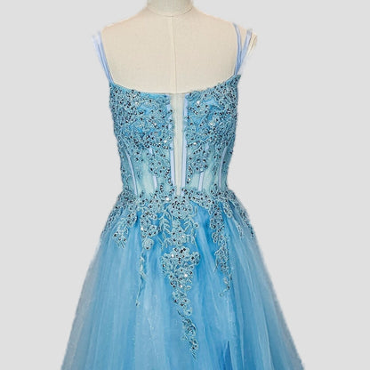 Mesmerizing Sky Blue Tulle Gown with Dazzling Embroidery