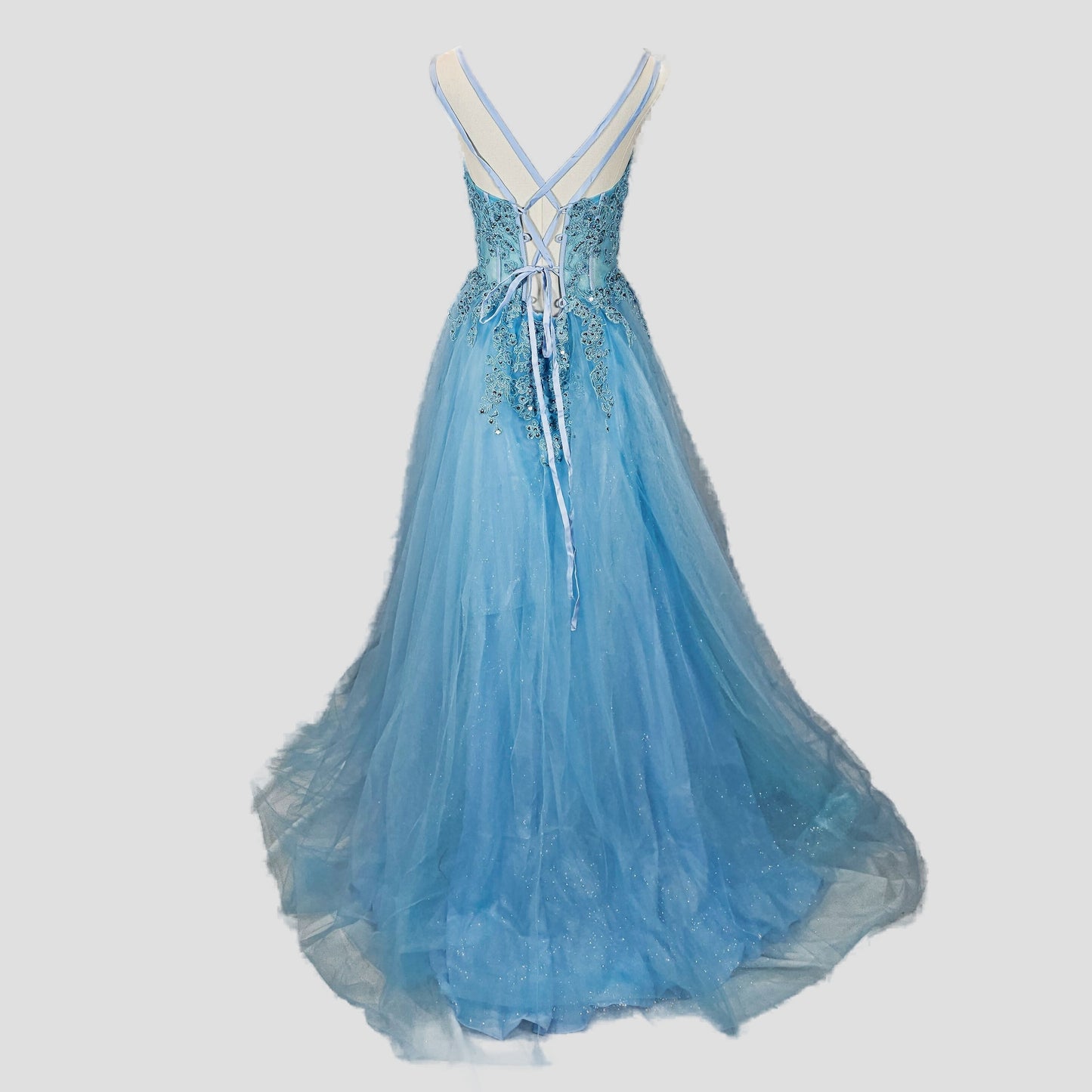 Mesmerizing Sky Blue Tulle Gown with Dazzling Embroidery