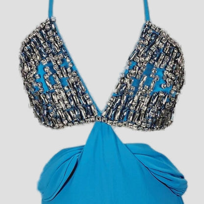 Show-Stopper Blue Backless Maxi: Sky-Worthy Satin Glam