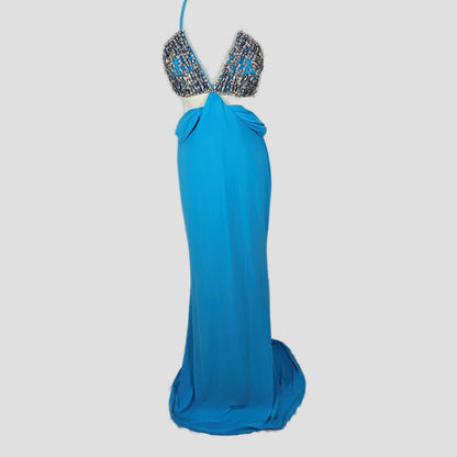 Show-Stopper Blue Backless Maxi: Sky-Worthy Satin Glam