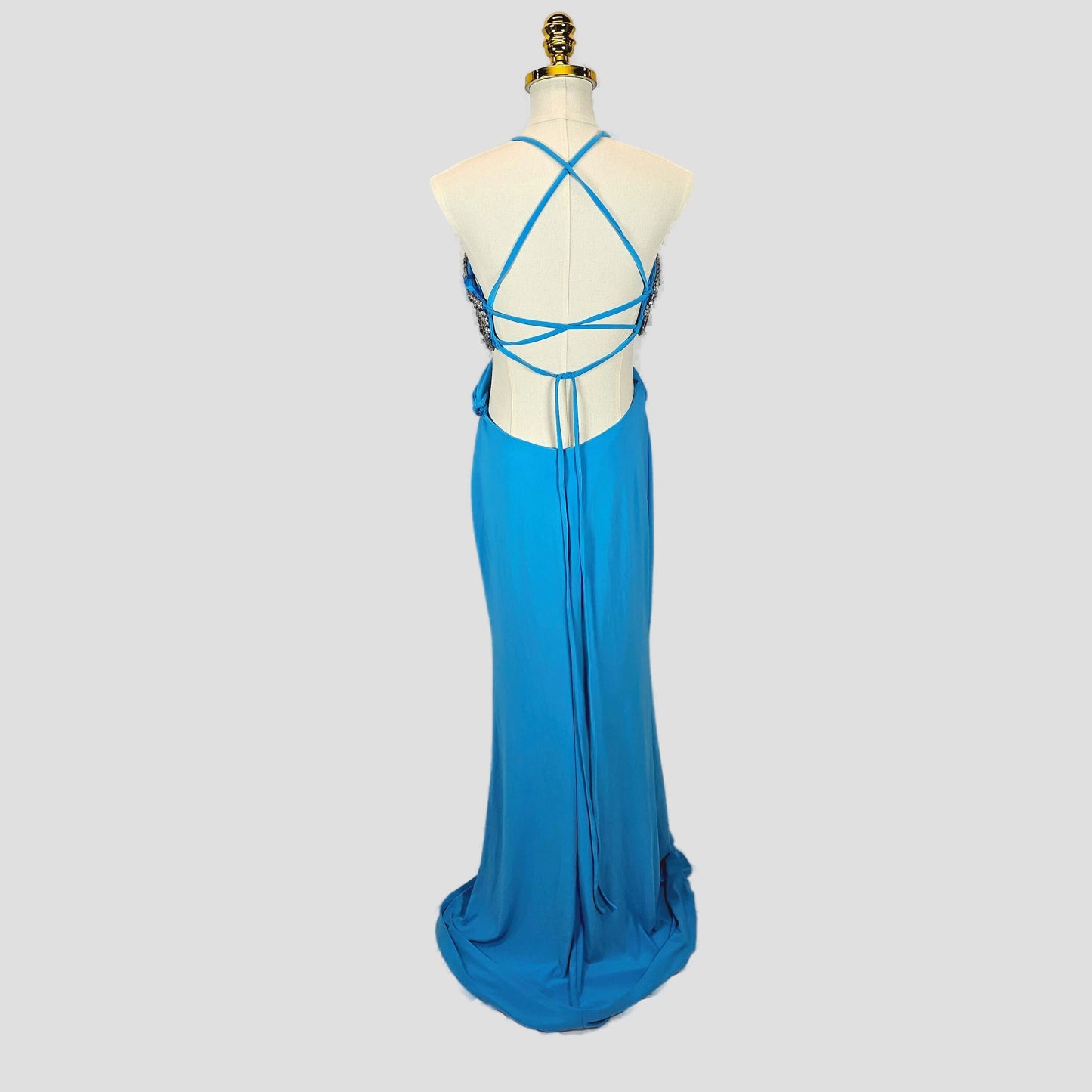 Show-Stopper Blue Backless Maxi: Sky-Worthy Satin Glam