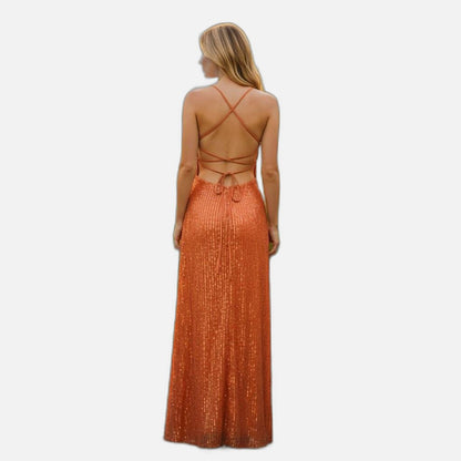 Dazzling Sequin Evening Dress with Backless Strappy Design