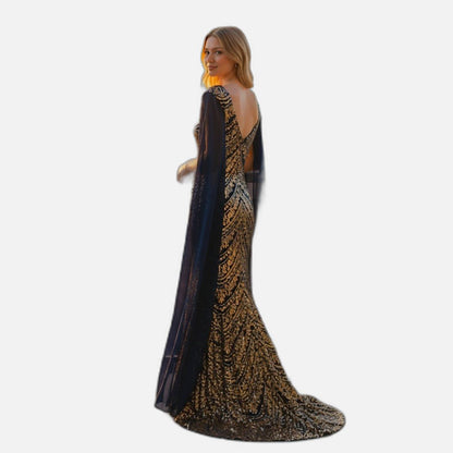 Glamorous and Gold Embroidered Long Sleeve Dress
