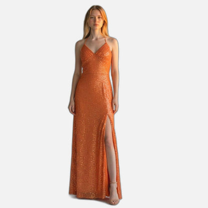 Dazzling Sequin Evening Dress with Backless Strappy Design