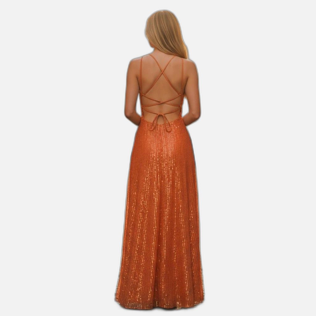 Dazzling Sequin Evening Dress with Backless Strappy Design