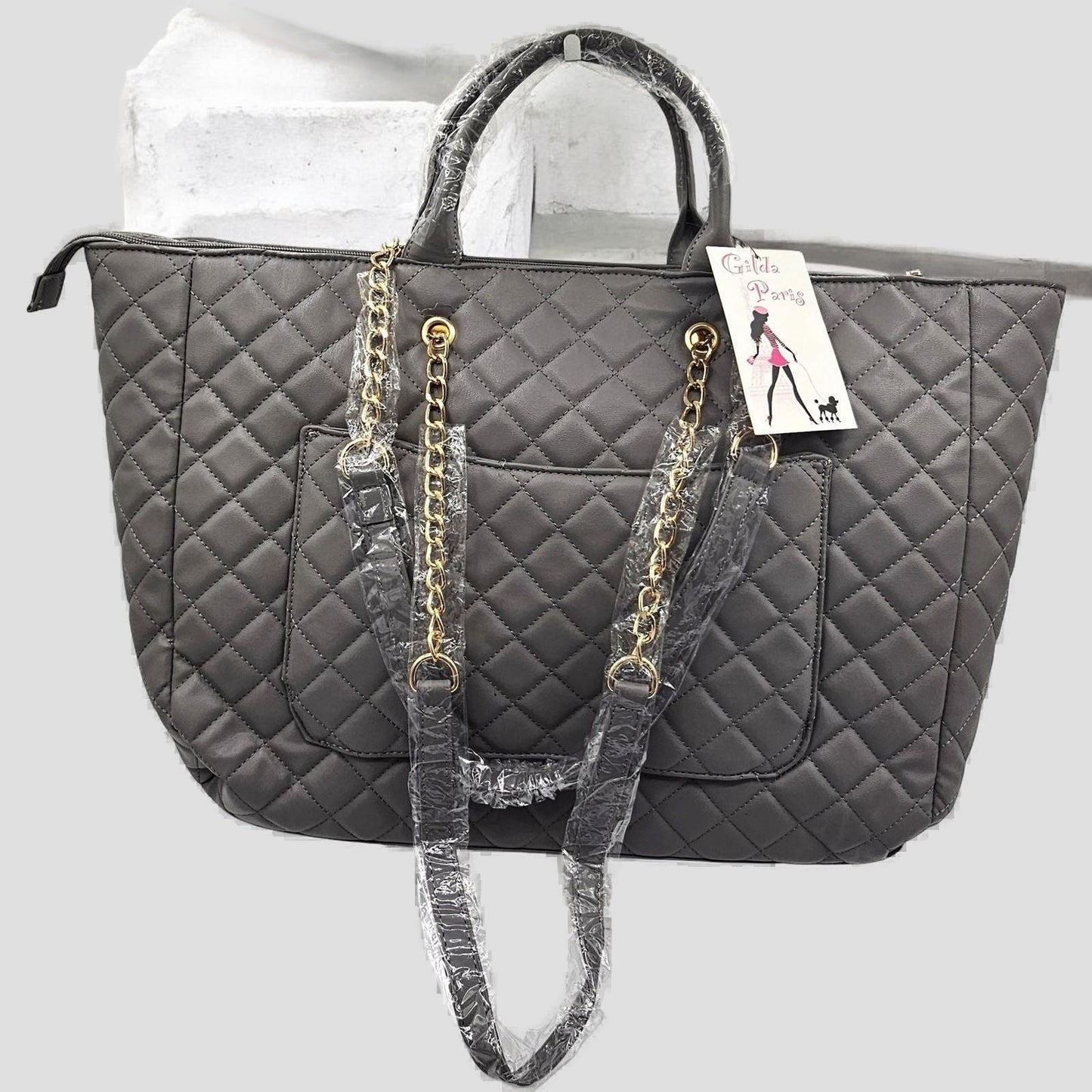 Quilted Tote Bag with Gold Chain Handles