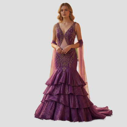Dazzling Purple Mermaid Gown with Layered Drama