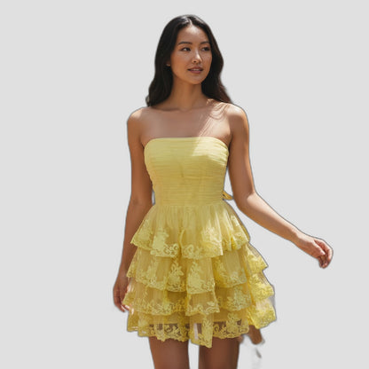 Yellow Ruffled Strapless Dress with Lace Trim for Summer Events