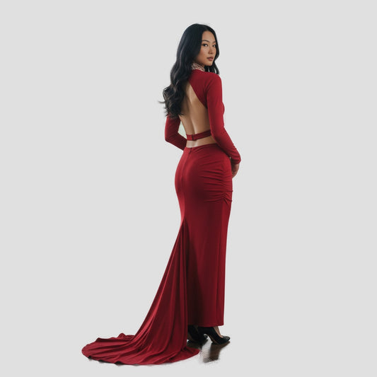 Fierce Crimson Backless Evening Showstopper Gown