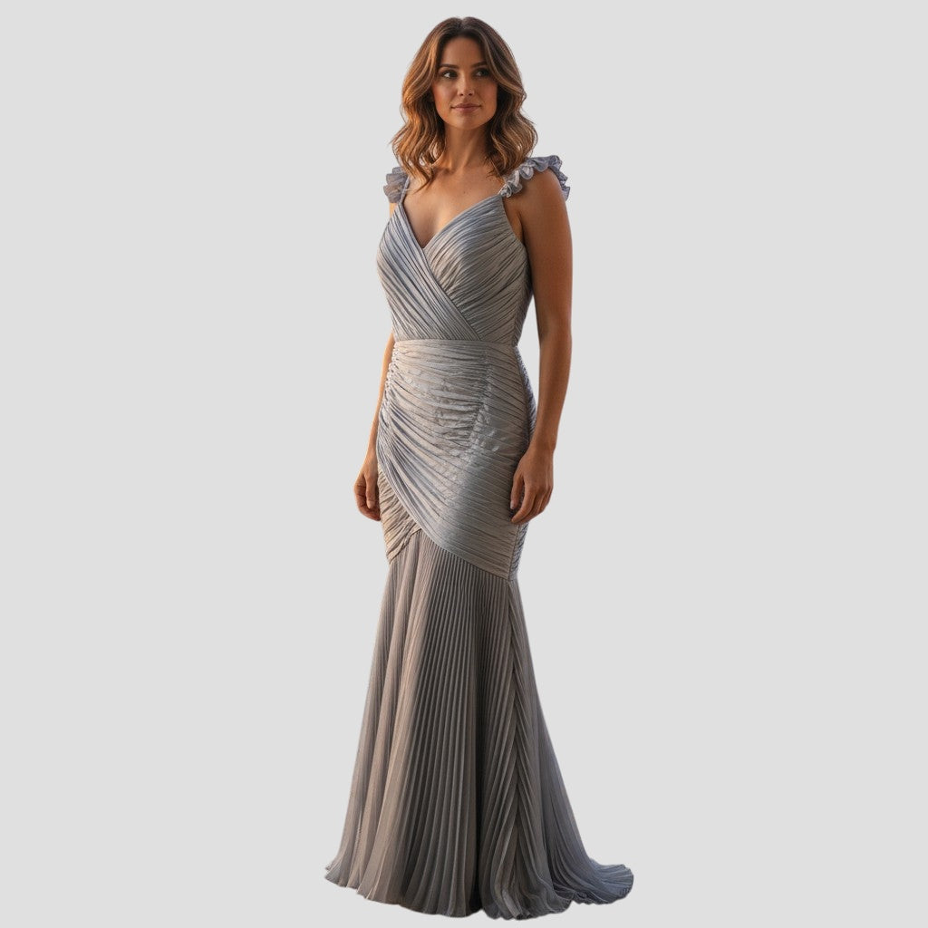 Glistening Moonlight Pleated Evening Gown