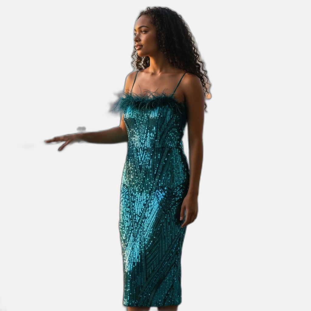 Sparkle Queen Sequin Evening Dress with Feather Trim