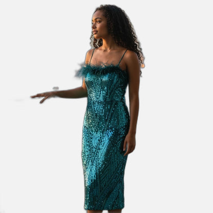 Sparkle Queen Sequin Evening Dress with Feather Trim