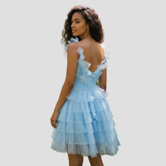 Show-Stopping Sky Blue Ruffled Tulle Party Dress