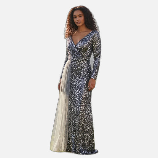 Glamorous Sequin Long Sleeve Dress w Tulle Accent