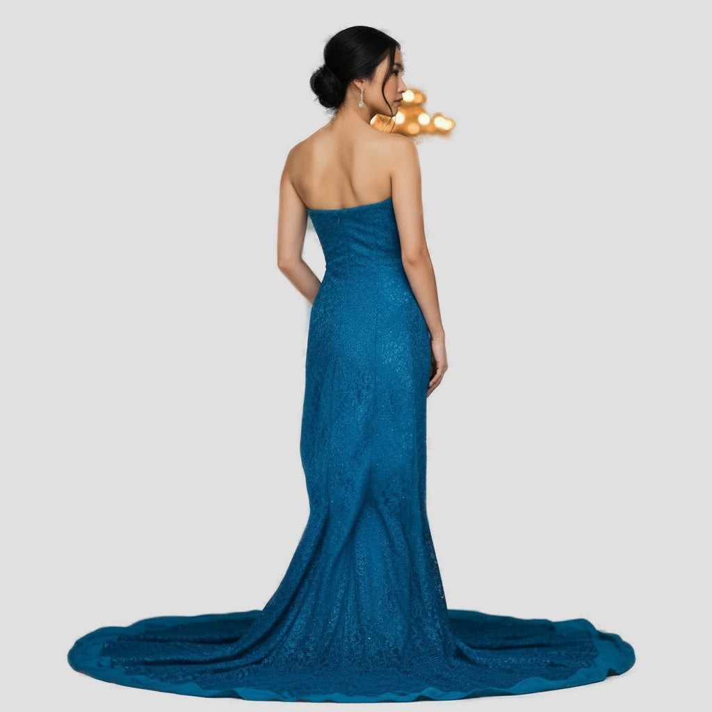 Dazzling Teal Lace Spectacle: Show-Stopping Gown for Galas