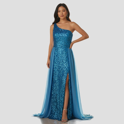 Dazzling Oceanic Sequin Gown with Show-Stopping Flow