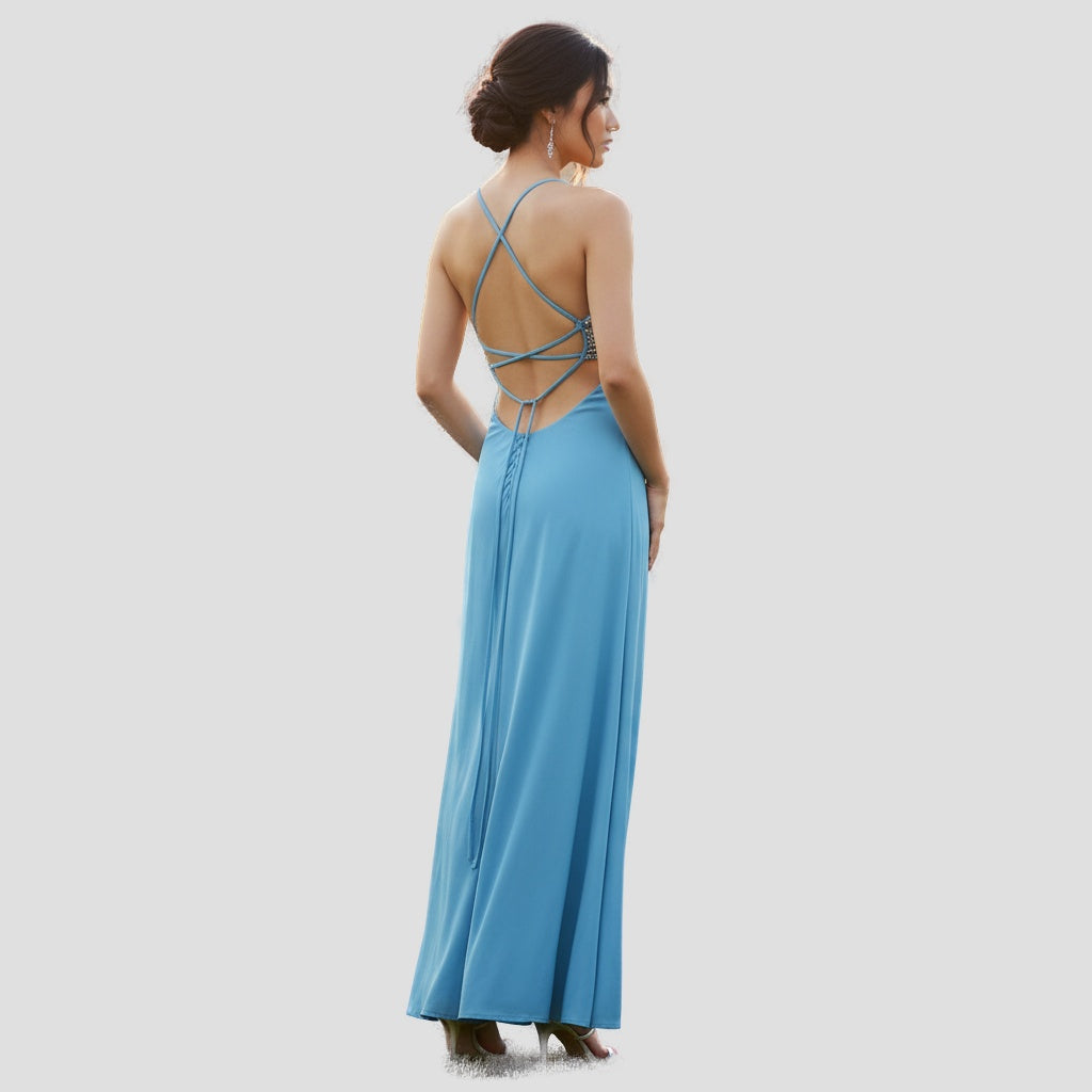 Show-Stopper Blue Backless Maxi: Sky-Worthy Satin Glam