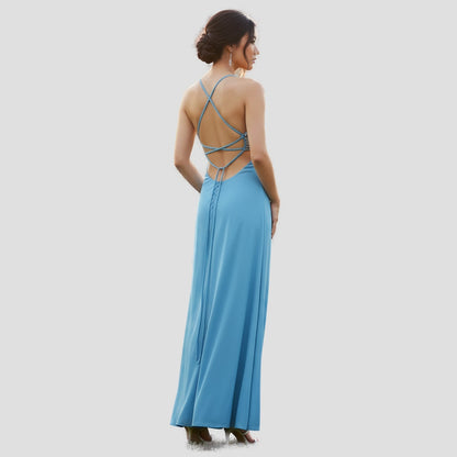 Show-Stopper Blue Backless Maxi: Sky-Worthy Satin Glam