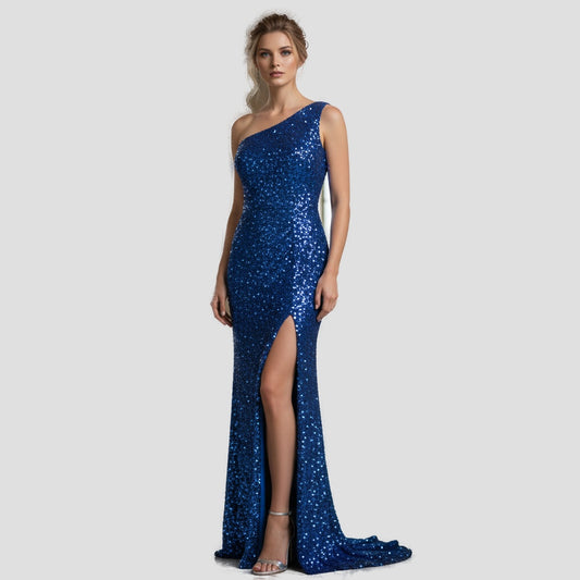 Dazzling Blue One-Shoulder Sequin Gown for Show-Stopping Nights
