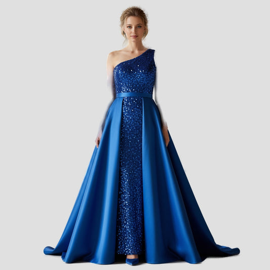 Dazzling Blue One-Shoulder Sequin Gown for Show-Stopping Nights