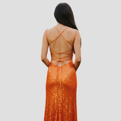Dazzling Sequin Evening Dress with Backless Strappy Design