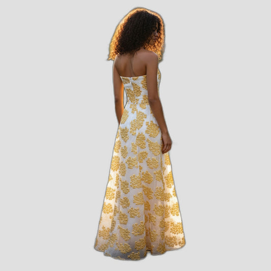 Golden Whimsy Strapless Maxi Dress: Shine Bright Tonight!
