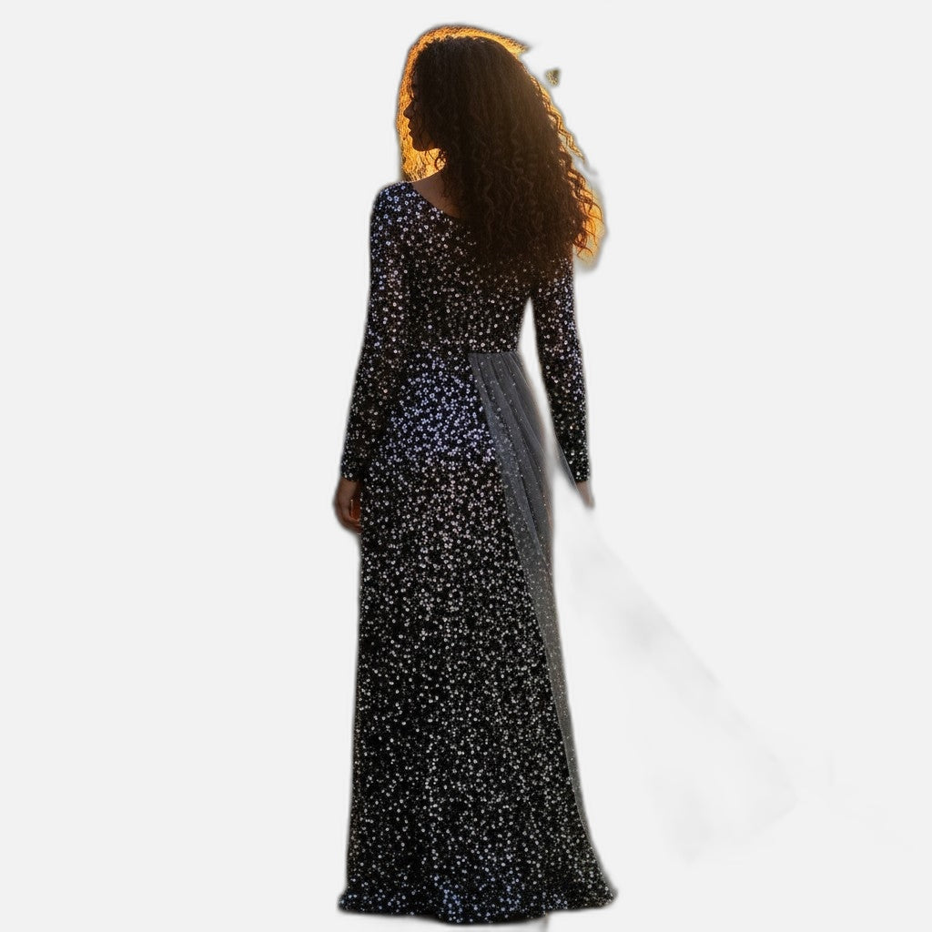 Glamorous Sequin Long Sleeve Dress w Tulle Accent