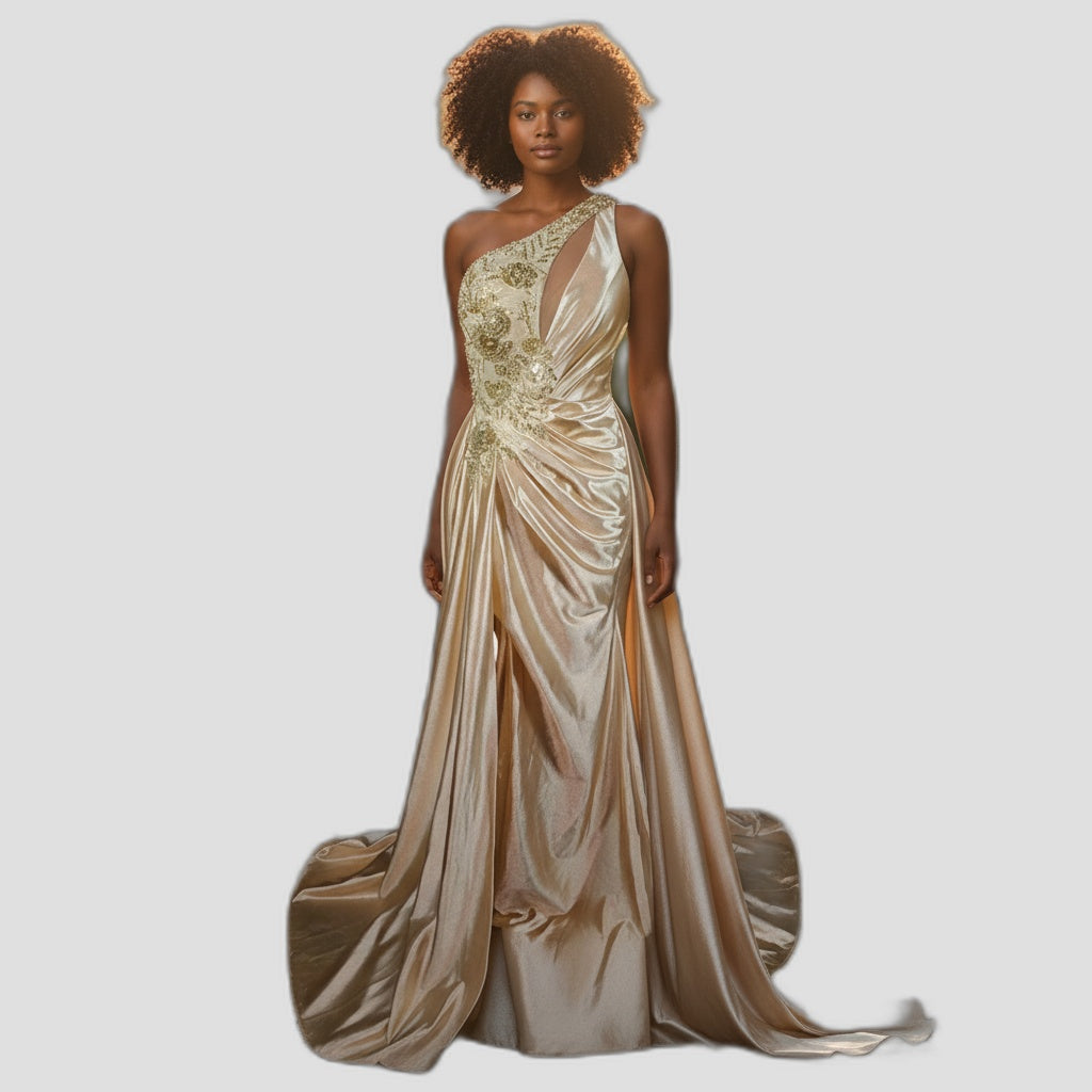 ilded Dreams One-Shoulder Evening Gown